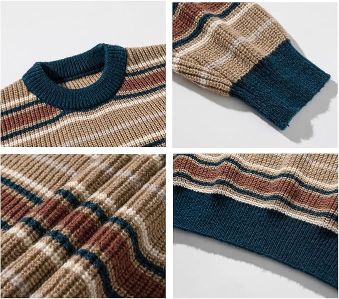Caleb Knitted Pullover: Y2K Striped Sweater in Khaki