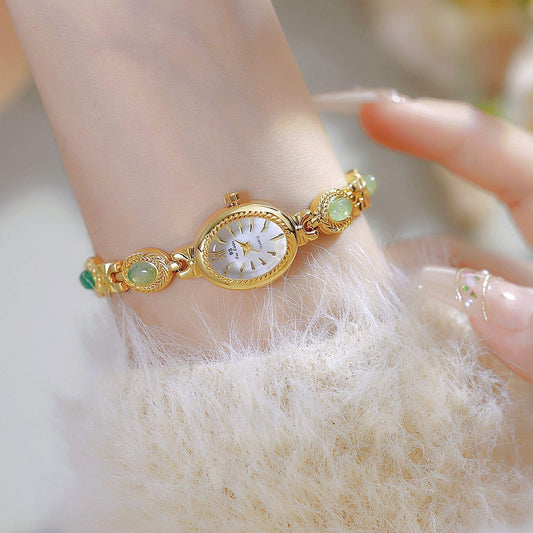 Gold Tone Watches for Women with Small Vintage Bracelet Elegant Jade Oval Dial Dress Watch Fashion Quartz Wrist Watch Waterproof Watch