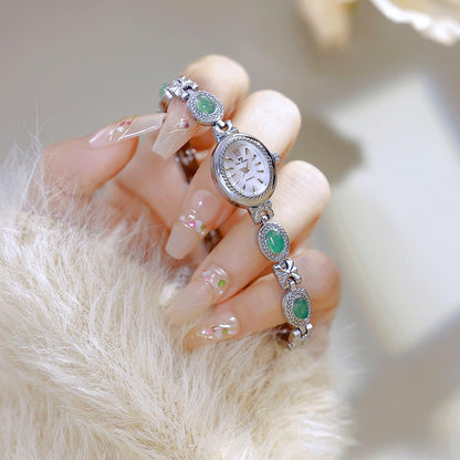 Gold Tone Watches for Women with Small Vintage Bracelet Elegant Jade Oval Dial Dress Watch Fashion Quartz Wrist Watch Waterproof Watch