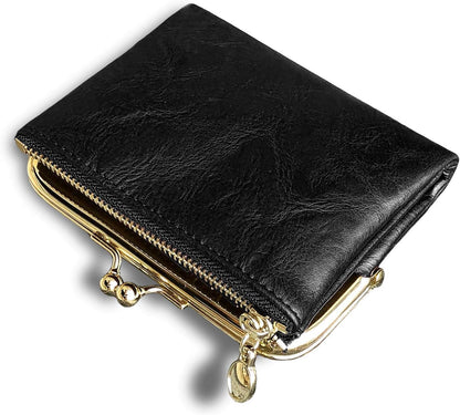 Womens Wallet Small Rfid Ladies Compact Bifold Leather Vintage Coin Purse with Zipper and Kiss Lock