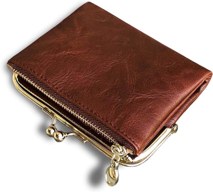 Womens Wallet Small Rfid Ladies Compact Bifold Leather Vintage Coin Purse with Zipper and Kiss Lock