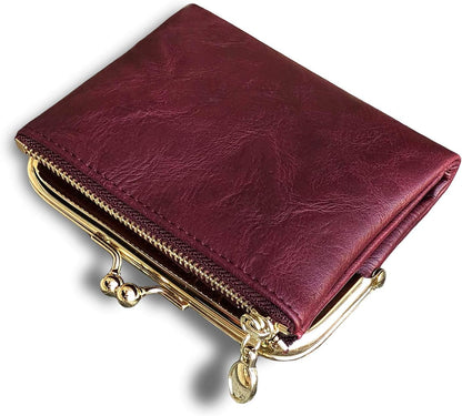 Womens Wallet Small Rfid Ladies Compact Bifold Leather Vintage Coin Purse with Zipper and Kiss Lock