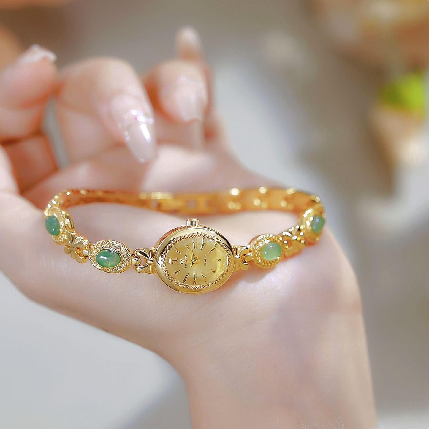Gold Tone Watches for Women with Small Vintage Bracelet Elegant Jade Oval Dial Dress Watch Fashion Quartz Wrist Watch Waterproof Watch
