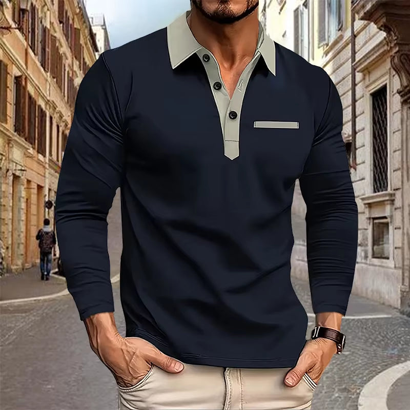 Spring and Autumn Men'S Long Sleeved Polo Shirt Business Casual Fashion Classic Lapel Neck Shirt European and American plus Size