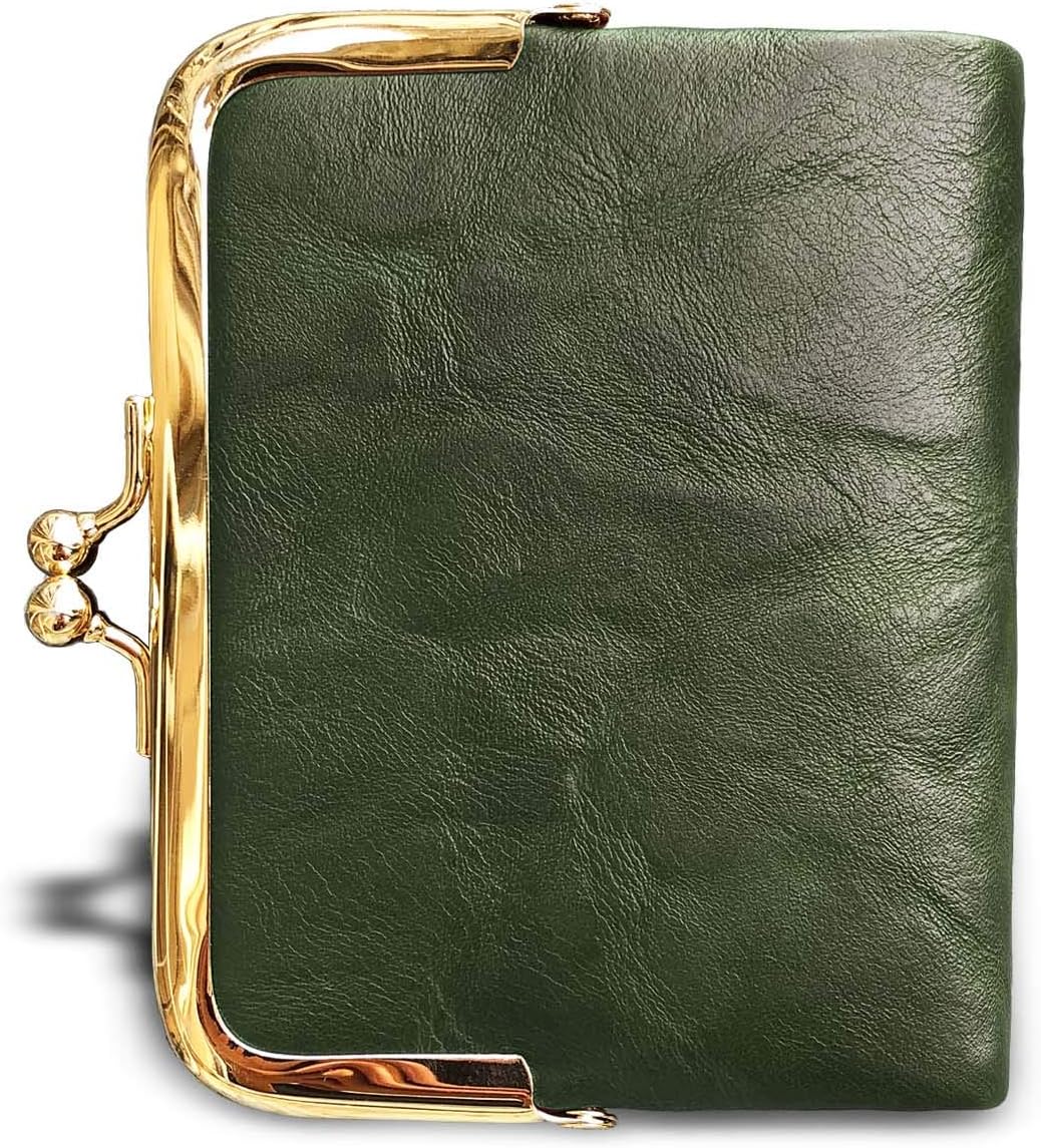 Womens Wallet Small Rfid Ladies Compact Bifold Leather Vintage Coin Purse with Zipper and Kiss Lock