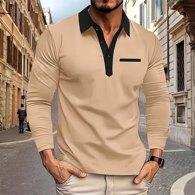 Spring and Autumn Men'S Long Sleeved Polo Shirt Business Casual Fashion Classic Lapel Neck Shirt European and American plus Size