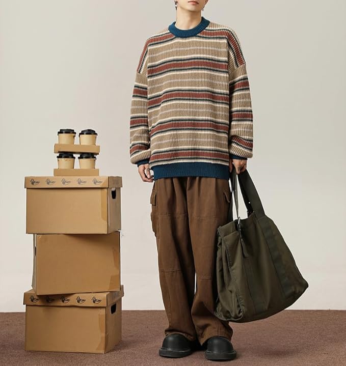 Caleb Knitted Pullover: Y2K Striped Sweater in Khaki