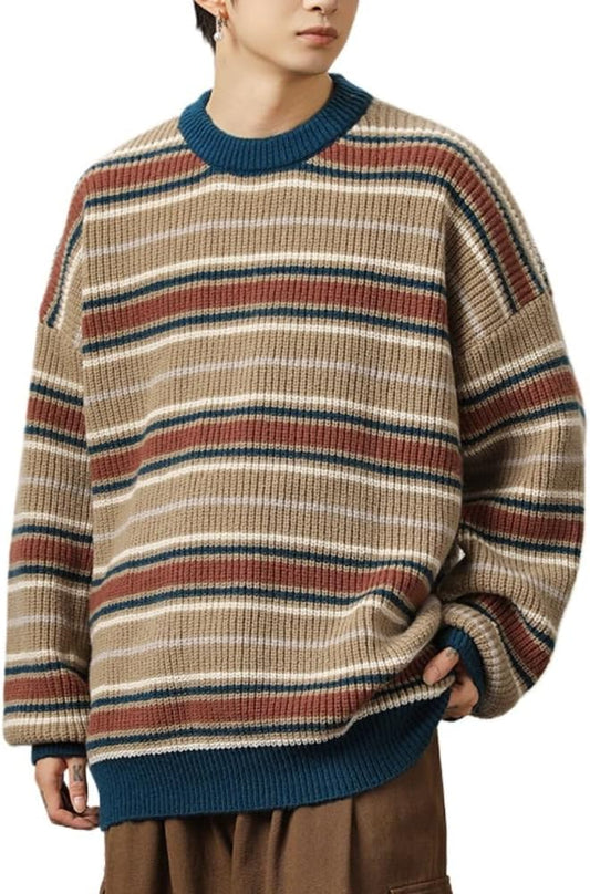 Caleb Knitted Pullover: Y2K Striped Sweater in Khaki